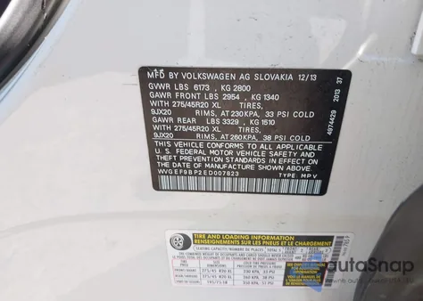 2014 Volkswagen Touareg 3.6L Executive из США, поврежденный, VIN WVGEF9BP2ED007823